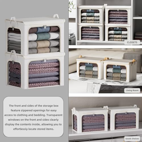 Chizjox 4 Pack Clothes Storage Bins with Metal Frame - 66L Stackable Storage Box with Lid，Foldable Storage Container Organizer for Clothes，Linen Fabric Storage Box with Clear Window＆Zippers＆Handles — view 6