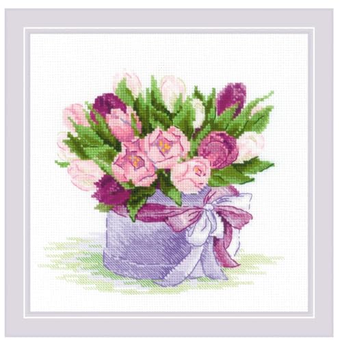 Image of RIOLIS - Tulips Hat Box 2003, Floral Cross Stitch Kits 7 inchx7, Cross Stitch Kits for Beginners & Advanced, Crossstitching Kits Adult, Counted Stitching Kits, Flowers Embroidery Kit