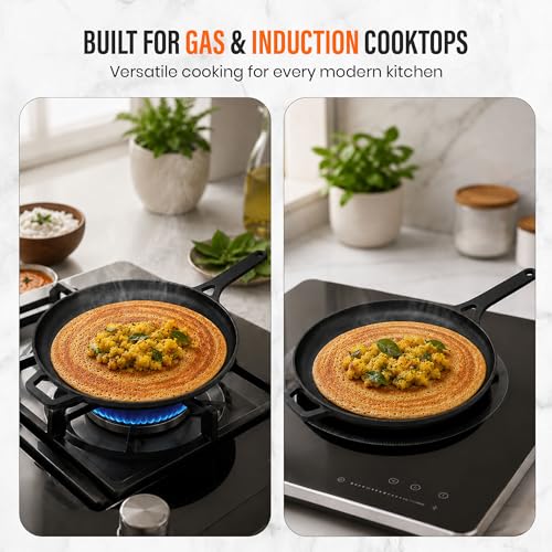 Image of Cast Iron Dosa Tawa with Long Handle | Pre-Seasoned Non-Stick Iron Tawa for Dosa /Chilla /Roti | Heavy Duty Non-Toxic Cookware | Gas Stove & Induction Compatible | Black, 30cm, 2kg