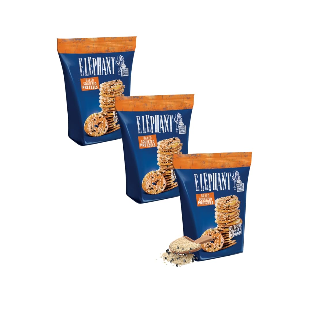 Pretzels Elephant Baked Squeezed Pretzels con sésamo blanco y negro, 3 x 180 g, crujientes aperitivo
