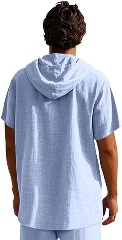 LIZALIG Men's Casual Linen Blend Shirt Short Sleeve Hooded Pullover 1/4 Button Henley Shirt for Vacation and Daily Wear - Image 2