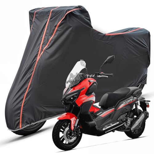 Image of Two Wheelers Bike Body Cover Compatible for Keeway Vieste 300, UV Resistant, Dustproof, Triple Stitched, Elastic Bottom, Red Piping Motorcycle Cover (Black, Pack of 1)