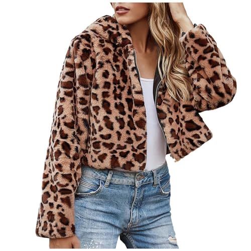 Womens Trendy Leopard Coats Warm Faux Furry Hooded Coat with Zipper Winter Jackets Short Cropped Cardigan Outerwear