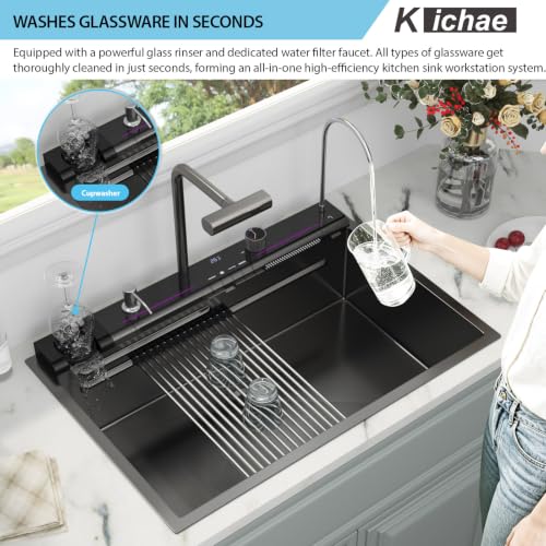 Image of Kichae 33x22 Drop In Waterfall Kitchen Sink Black Stainless Steel 16 Gauge