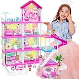 Doll Houses for Girls, Dream Doll House with LED for 7-8 Year Old, 4-Story 7 Rooms with 3 Doll Toy Figure and Furniture & Accessories, Pool Party Doll House, Toy Gifts for Kids Ages 3 4 5 6 7 8 9+
