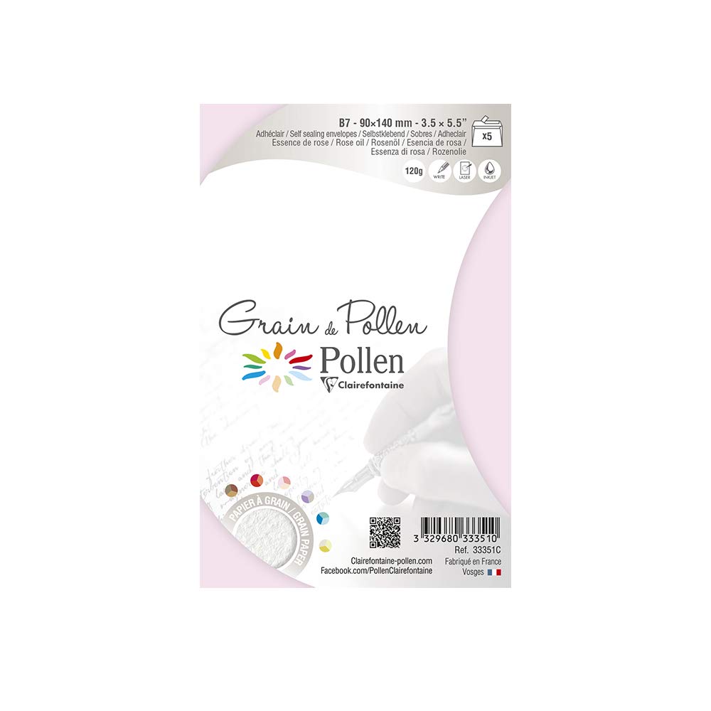 Clairefontaine 33351C Self-Adhesive Envelopes, 9x14cm, 120g/m², Rose Essence, Pollen Grain Range, Pack of 5