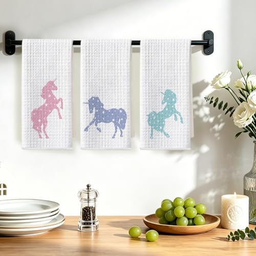 Image of 3 Pcs Tide Tales Unicorn Kitchen Towels, Unicorns Decor Reusable Dish Towel | Waffle Weave Hand Cloth Tea Towel for Kitchen Bathroom Home Decor, Unicorn Lover Gifts for Women Friend Girls 24x14 Inch