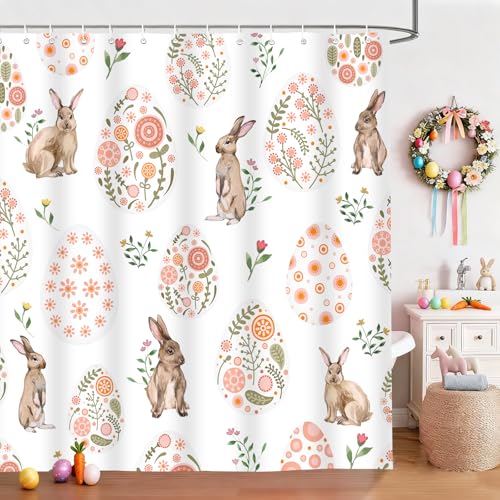 TYTYUU Easter Shower Curtain Bunny Floral Bath Curtains Fabric Waterproof Spring Rabbit Bathroom Decor 72x72 Inch with Hooks