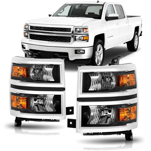 corkiauto Headlights Assembly for 2014-2015 Chevy Silverado 1500 Halogen Head Light Headlamp Replacement Driver &Passenger Side Chrome Housing Black Inner Amber Corner