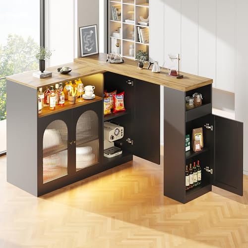 Mueble Negro Mate Mesa de Bar giratoria 360° aparador con Escritorio de Vetas de Madera vinoteca con Puerta de Cristal y luz LED aparador para Comedor para rincón de café
