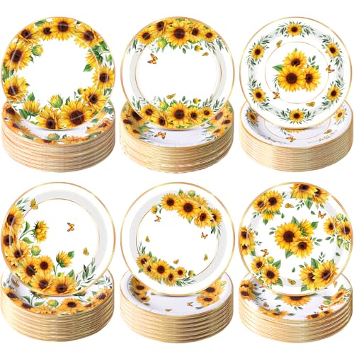 Image of Funnymoom 60 Pcs 7 Inch Sunflower Paper Plates Sunflower Birthday Party Decorations Yellow Floral Disposable Dessert Cake Plate for Spring Summer Wedding Bridal & Baby Shower Garden Tea Party Supplies