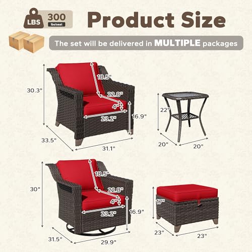 Image of 7 Piece Patio Furniture Set, Wicker Outdoor Conversation Set | Patio Chair Set with Olefin Removable Cushion, All-Weather Glider Swivel Chair Set with Deep Seat for Porch, Deck, Red