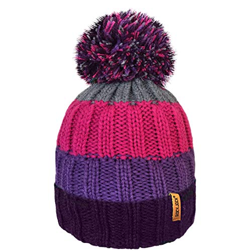 RockJock R80 Unisex Mens Ladies Thermal Insulating Striped Beanie Bobble Hat with Cosy Fleece Lining, Purple/Pink, One Size