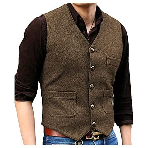 SOLOVEDRESS Mens Vintage Tweed Suit Vest V Neck Casual Wool Waistcoat for Wedding Groomsmen(Brown,XL) Cover