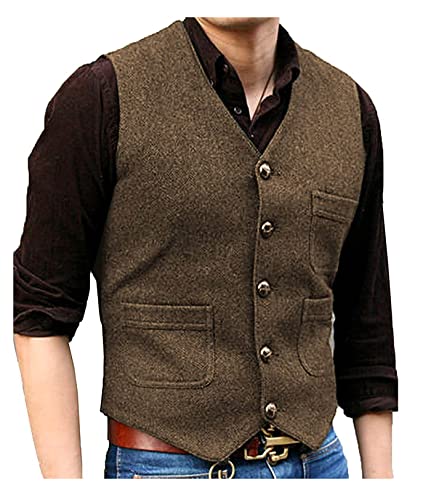 SOLOVEDRESS Mens Vintage Tweed Suit Vest V Neck Casual Wool Waistcoat for Wedding Groomsmen