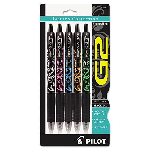 Pilot 31373 G2 Fashion Premium Retractable Gel Ink Pen, Black Ink/Asst. Barrels,.7mm, 5/Pack (PIL31373)