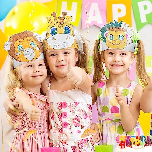 Image of HESTYA 40 Pcs Animal DIY Headbands Jungle Safari Party Crowns with Watercolor Pens Jungle Animal Party Headbands Animal Coloring Crowns Safari Animal Party Hats for Kid Students Craft Costume Cosplay