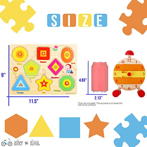 Wooden Peg Puzzles for Toddlers – (Pack of 3 with Stackable Learning Clock) Educational Preschool Puzzles for Toddlers 1 2 3 Year Old Kids Boys Girls Babies 12 18 36 Months Children Math Learning Set