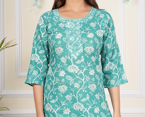 Image of Yash Gallery Women's Cotton Cambric Knee Length Round Neck Floral Printed Embroidered & Checkered Printed Regular Fitted 3 /4Th Sleeve Kurta Pant With Dupatta