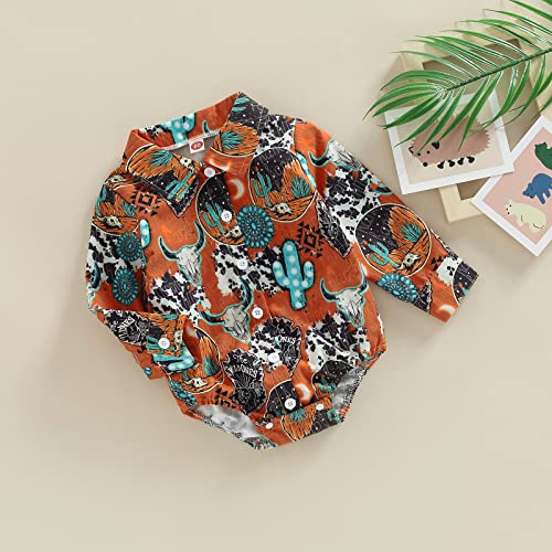 Western Baby Boy Clothes Newborn Long Sleeve Onesie Dress Shirt Lapel Button Bodysuit Boho Cowboy Jumpsuit Tee Tops (Western Onesie Boho Retro, 12-18 Months) #TOP1