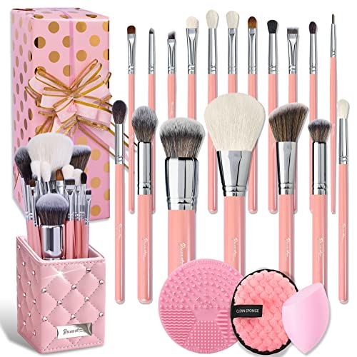 Bueart Design 18Pcs Labeled Best Gift Natural Real Goat Hair Pearl Pink Professional Makeup Brushes Set With Brushes Organize Holder Case Foundation Face Blending Blush Concealers Eye Makeup Brush Set #TOP10