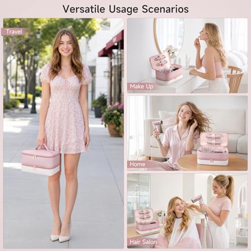 Image of Travel Hair Dryer Case for Shark Glam, Portable Hair Tools Bag for Shark FlexFusion, Double-Layer Storage Carrying Case for FlexStyle Blow Dryer, Silki Straightener & Glossi Attachments Holder (Pink)