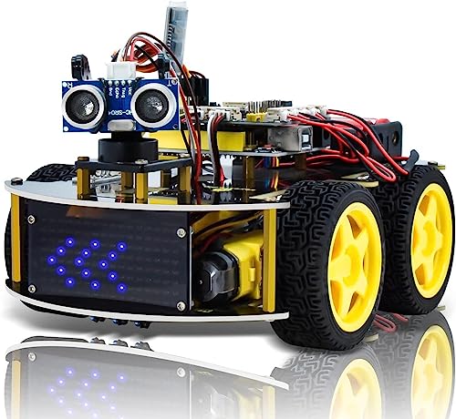 KEYESTUDIO 4WD Roboter Bausatz Kompatibel mit Arduino IDE Elektronik Baukasten mit Mikrocontroller, Line Tracking Modul, Ultraschallsensor, Auto Roboter Programmierbegeisterter für 14+ Teenager