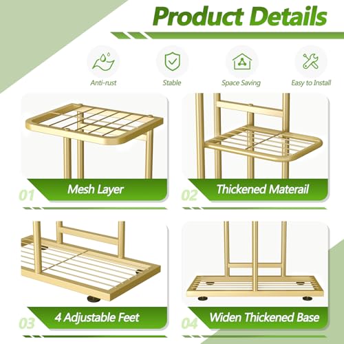 8 Tier 9 Potted Gold Plant Stand Indoor with Gardening Tools and Gloves, Tall Metal Corner Plant Shelf Organizer Outdoor, Multiple Flower Pot Holder Display Rack for Patio, Garden, Balcony