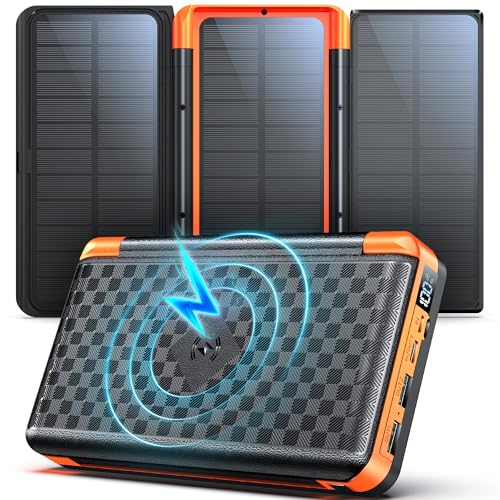 63200mAh Wireless Power Bank: Solar Powerbank mit 3 Solarpanel 22.5W USB C Schnellladung Outdoor Externe Akkus große Tragbares Ladegerät mit SOS Taschenlampen Digitalanzeige für Camping