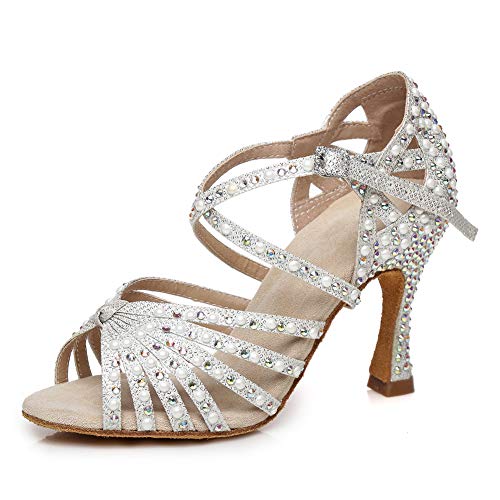 YKXLM Women Dance Shoes Rhinestone Ballroom Latin Salsa Bachata Performance Dance Shoes Peep-Toe Model YCL429,White,6 US