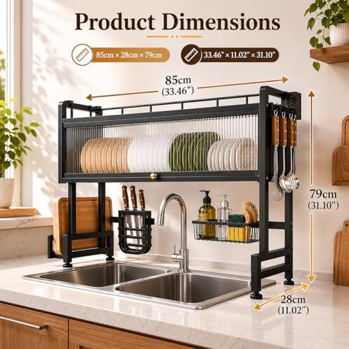 Image of COMFYHOME Over the Sink Dish Drying Rack for Kitchen More Sturdy Stable with Lid 85cm, Rust-Proof Durable, Features Knife Rack, Cutting Board Holder, Storage Basket Ideal for Dish Drainer Large Size