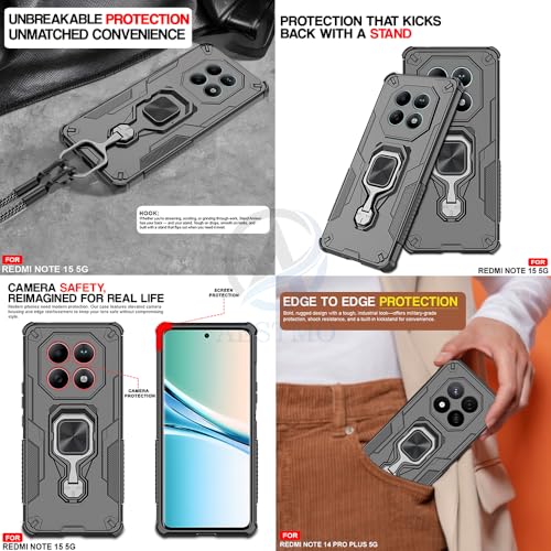 Image of AESTMO Armor Back Cover for Redmi Note 15 5G / Redmi Note 15 SE 5G / Poco M8 5G | Ring Holder & Kickstand & Camera Protection in-Built | 360 Degree Protection Back Case Cover (Black)