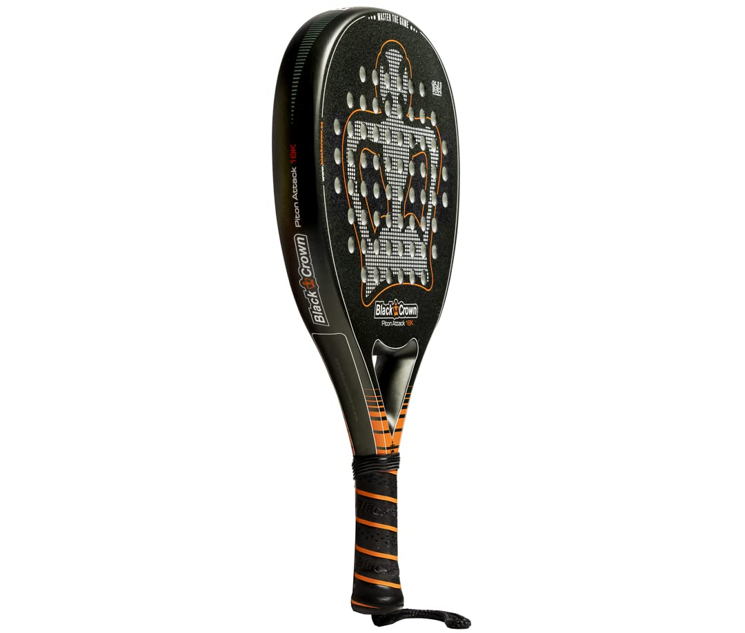 Black Crown - Piton Attack Padel Racquet 16k – Teardrop Shape – Rough Surface – Power – Weight 355 g – Frame 38 mm 80% Carbon Fibre – Heavy Duty – Aggressive Shocks – Advanced Level