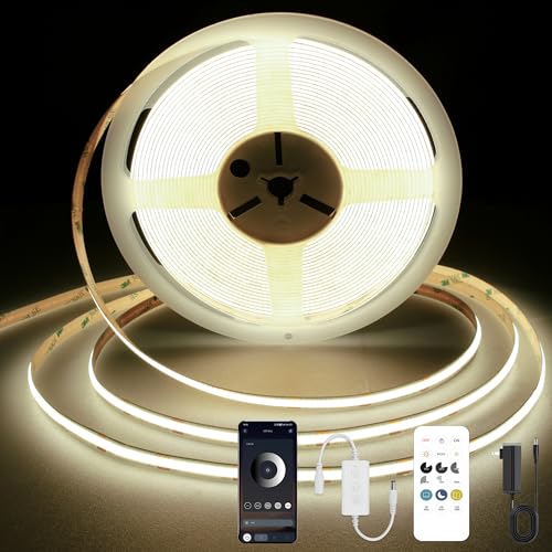 Image of COB LED Strip Light 4000K, 24ft Dimmable Natural White LED Strip Light, CRI92+, DC24V Tape Light with RF Remote, Timer Function, Bluetooth App Control for Home Bedroom Kitchen DIY Lighting.