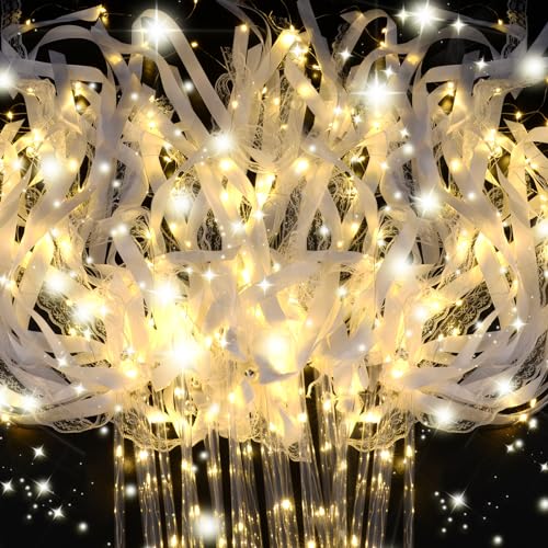 HONLYNE 100PCS Light up Wands for wedding Wedding Wands Streamers with 3 Colorful Flashing Modes Fairy Wands LED Silk Fairy Wand with Bells for Wedding New Year Thanksgiving Concert