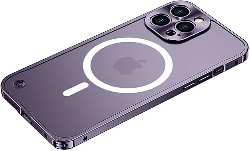 Vista 14 de Funda magnética para iPhone 14 Pro compatible con MagSafe de aleación de aluminio de metal parachoques mate translúcido con protector de lente de Oro