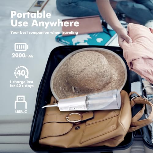 【Wasser Flosser für Zähne Kabellos】Munddusche mit 5 Modi, 300ML Wassertank IPX7 Wasserdicht Elektrischer Zahnreiniger, Wasserseide mit 6 Spitzen für Zahnfleisch/Zahnspangen/Kieferorthopädische – Bild 6