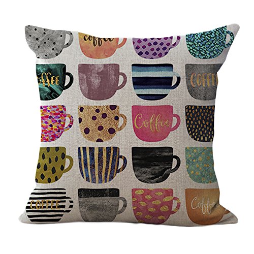 Chezmax Color Coffee Cup Pattern Cushion Cover Cotton Linen Pillowslip Square Decorative Throw Pillow Case 18 X 18'' #TOP27