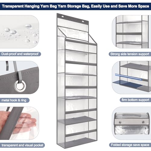 Image of Katech Hanging Yarn Storage Organizer, Large Capacity Knitting Organizer Storage with 5 Transparent Compartments 3 Pocket for Yarns Enthusiasts, Over The Door Storage Bag for Crochet Hooks Yarn Balls