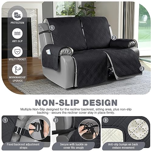 Image of TAOCOCO 100% Waterproof Oversized Recliner Cover, Non Slip Split Covers for Reclining Loveseat with Elastic Straps for Kids Pets (Oversized 2 Seater, Black)