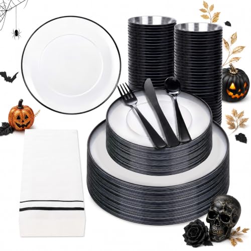 NOCCUR 350PCS Clear and Black Plastic Plates - Disposable Dinnerware Set for 50 Guests Include 100 Dinner/Dessert Plates,150 Black Cutlery,50 Cups&50 Napkins Ideal for Party/Birthday/New Year