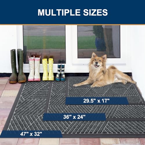 Smiry Front Door Mat Outside Entrance, Heavy Duty Sturdy Natural Rubber Doormat, Trap Dirt and Moisture, Easy Clean Low Profile Welcome Floor Mats for Indoor Outdoor Entry, 47x32 Inch, Grey