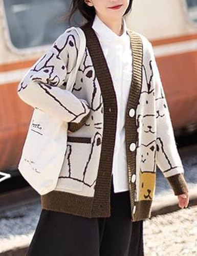 Women's Cat Print Cardigan Sweater Cartoon Oversized Knit Pullover Long Sleeve Vintage Fall Winter Outwear Tops(Brown-Xl) #TOP2