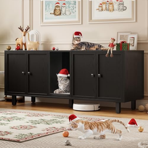Image of ONBRILL 59 Inches Cat Litter Box Enclosure for 2 Cats, Hidden Litter Boxes Furniture with Cat Scratch Pad, Large Indoor Pet House with Double Room, Wooden TV Stand Side Table, Black