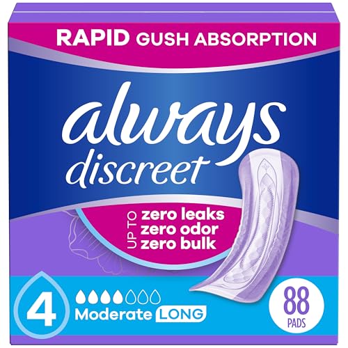 Image of Always Discreet Adult Incontinence Pads for Women, Drier, 4 Drop Long Length, Moderate Absorbency, Pads for Bladder Control Management, Bladder Leaks, & Postpartum Pads, 88ct