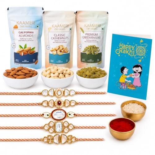 Image of Kaameri Bazaar Rakhshabandhan Gift Hamper for Brother - Combo with Dry Fruits - Rakhi for brother with Cashewnuts, Almonds, Raisins, Greeting Card and Roli Chawal Pack - Set of 5