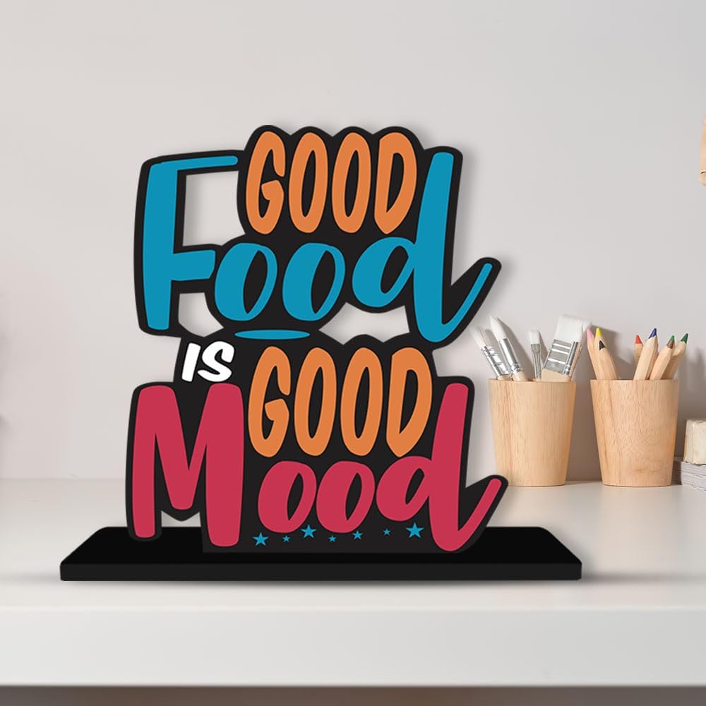 Artvibes Wooden Idols and Figurine Good Food is Good Mood Restaurant Cafe Quotes Table Decoration for Office Desk | Home Decor | Living Room | Modern Art Wood Showpiece Gift Item (SP_1128N)
