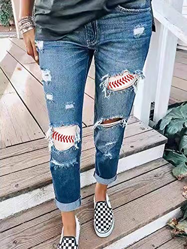 Akivide Women's Baseball Patch Stitching Printed Ripped Casual Jeans Skinny Denim Jeans with Hole Pants for Women2