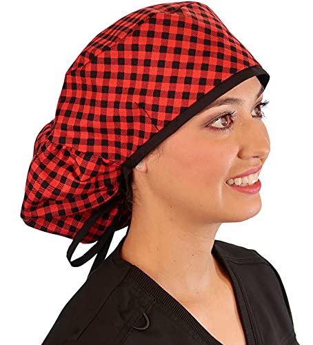 Sparkling Earth - Buffalo Check With Black Ties - Big Big Hair Ponytail Classic Surgical Style Scrub Working Cap - Made In The Usa! #TOP3