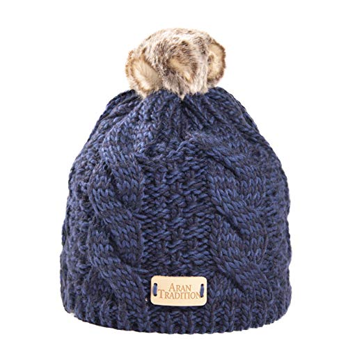 Image of Aran Traditions Warm Winter Cable Knit Faux Fur Bobble Beanie Hat (Navy)